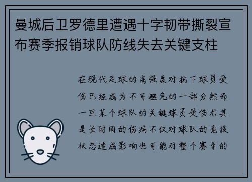 曼城后卫罗德里遭遇十字韧带撕裂宣布赛季报销球队防线失去关键支柱 曼城后卫罗德里遭遇十字韧带撕裂宣布赛季报销球队防线失去关键支柱